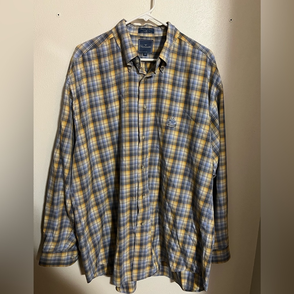FACONNABLE Classic Plaid Button‎ Down Dress Shirt Blue Yellow Men's Size XL GUC